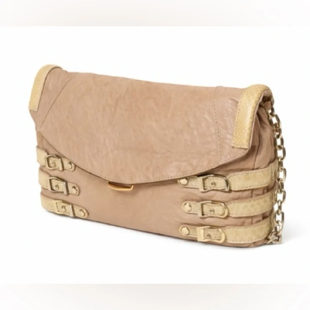 Jimmy Choo Tan Embossed Leather Shoulder Bag Gold Chain clutch - Picture 7 of 15